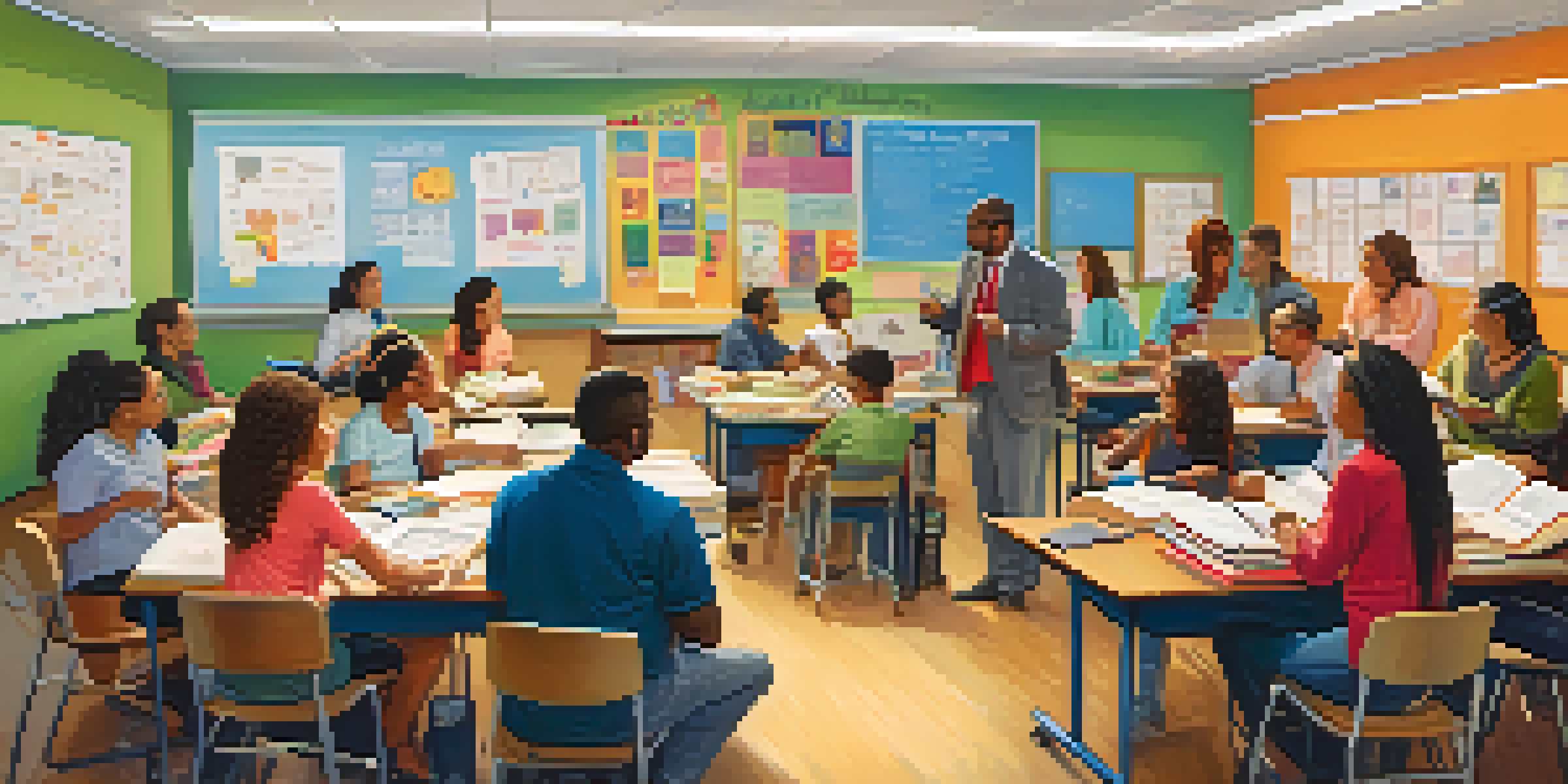 A diverse group of educators collaborating at a table in a classroom, surrounded by educational materials and engaged in discussion.