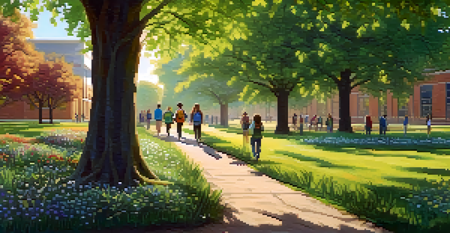 Students walking quietly in a school garden, observing nature during a mindfulness walk, surrounded by trees and flowers.