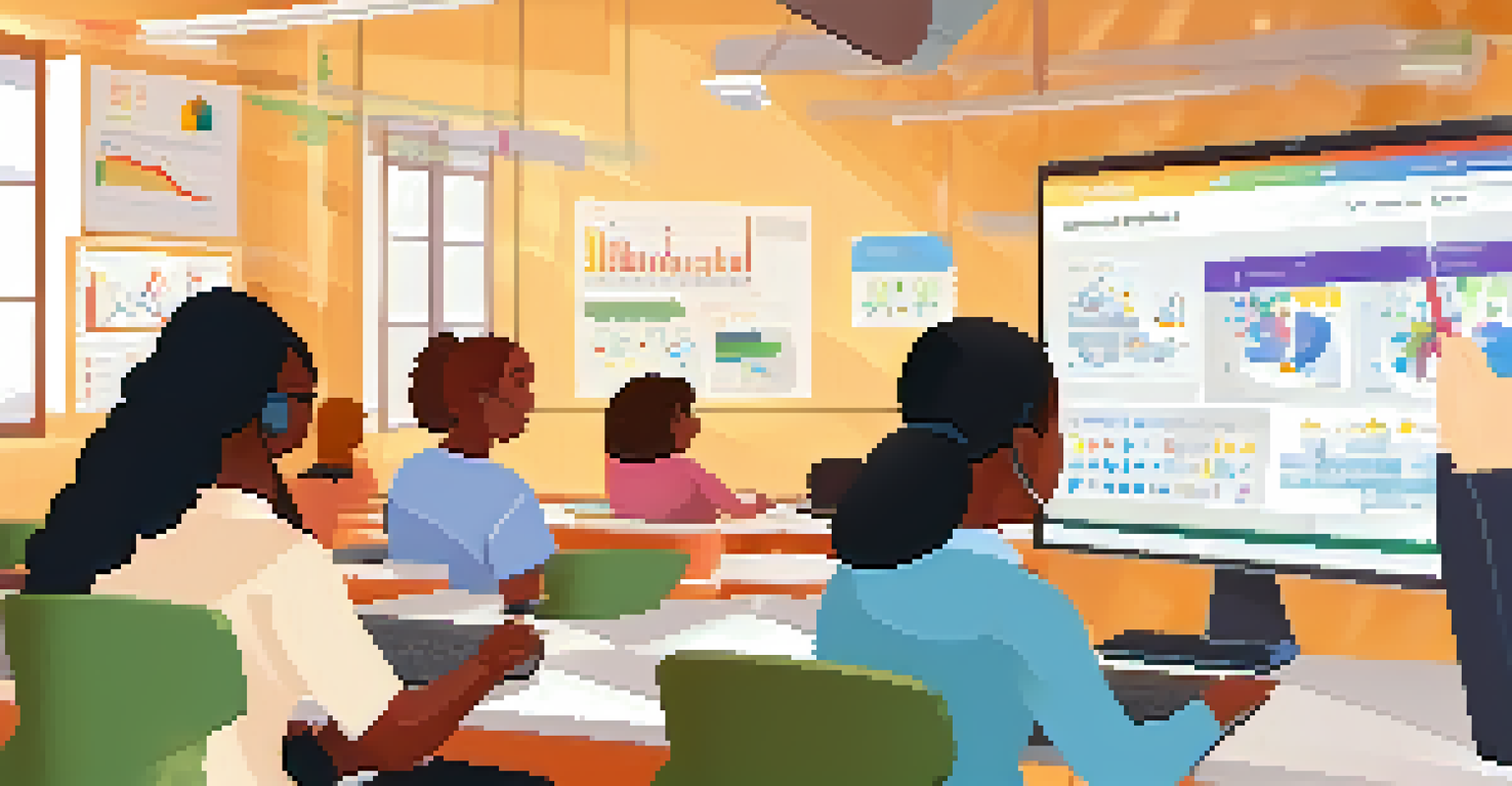 An online learning session with a teacher using visual aids and engaged students on their laptops.