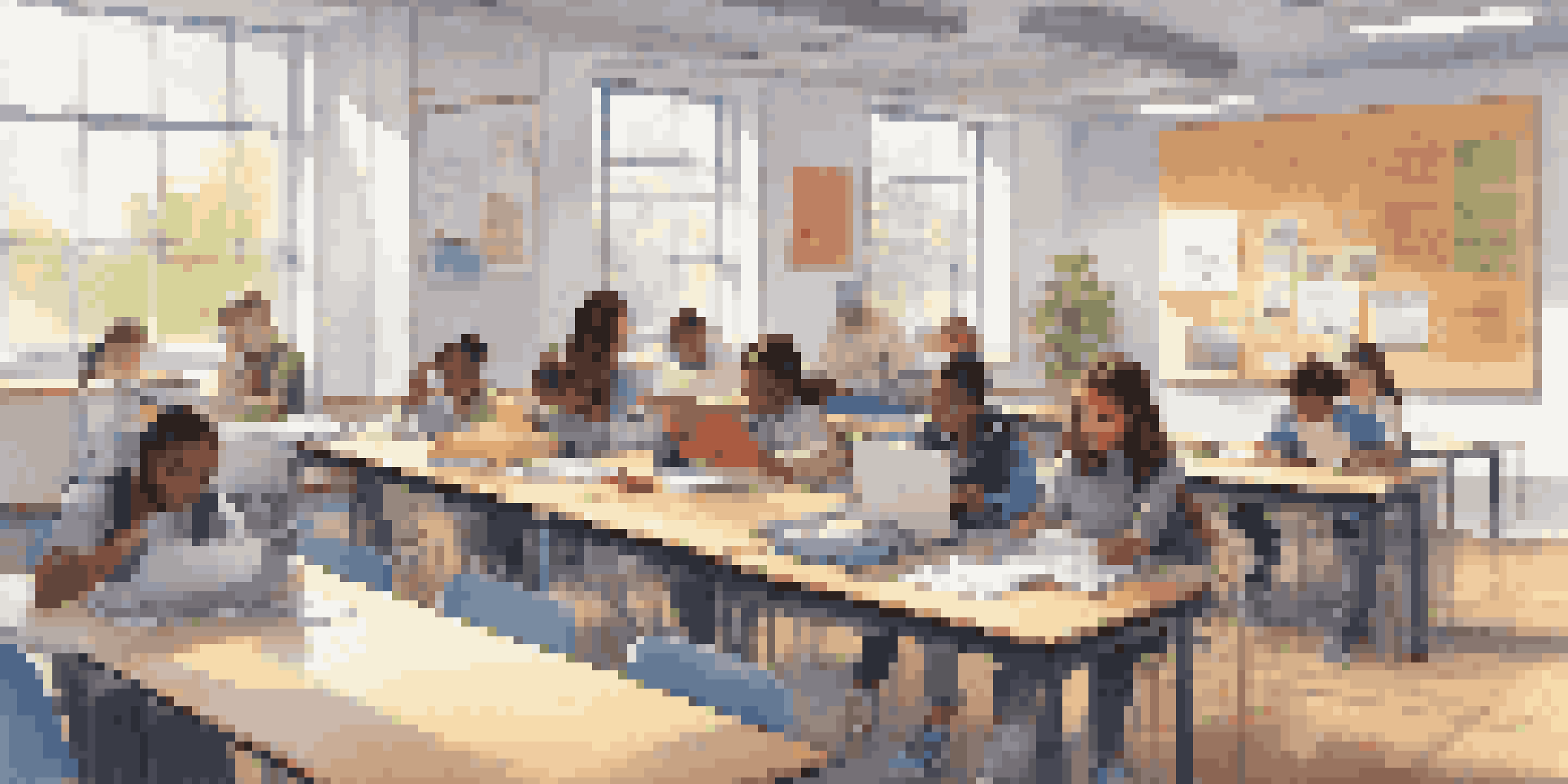 A diverse group of students in a modern classroom using digital devices and collaborating on a project, with educational posters on the walls and a smart board at the front.