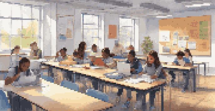 A diverse group of students in a modern classroom using digital devices and collaborating on a project, with educational posters on the walls and a smart board at the front.