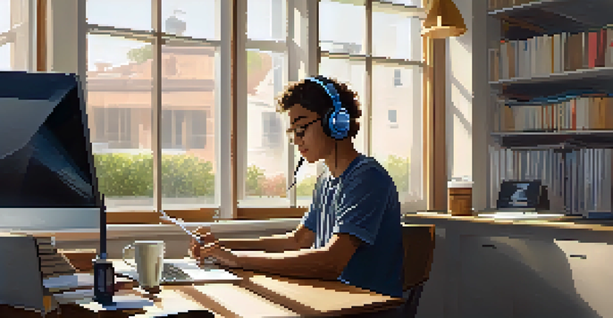A student at a desk, attentively taking a digital assessment on a laptop with headphones on.