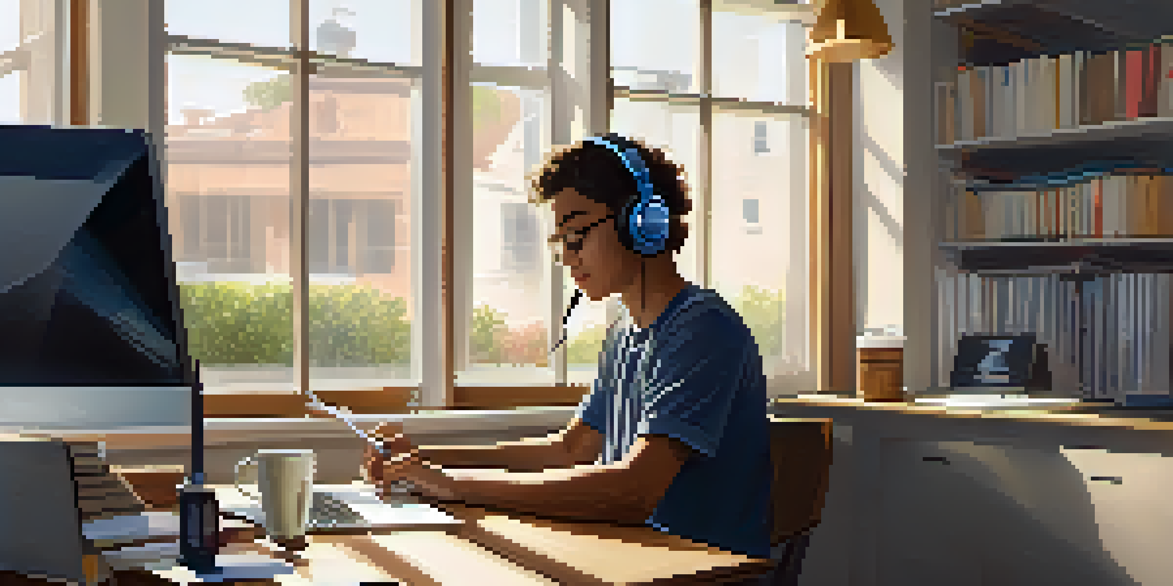 A student at a desk, attentively taking a digital assessment on a laptop with headphones on.