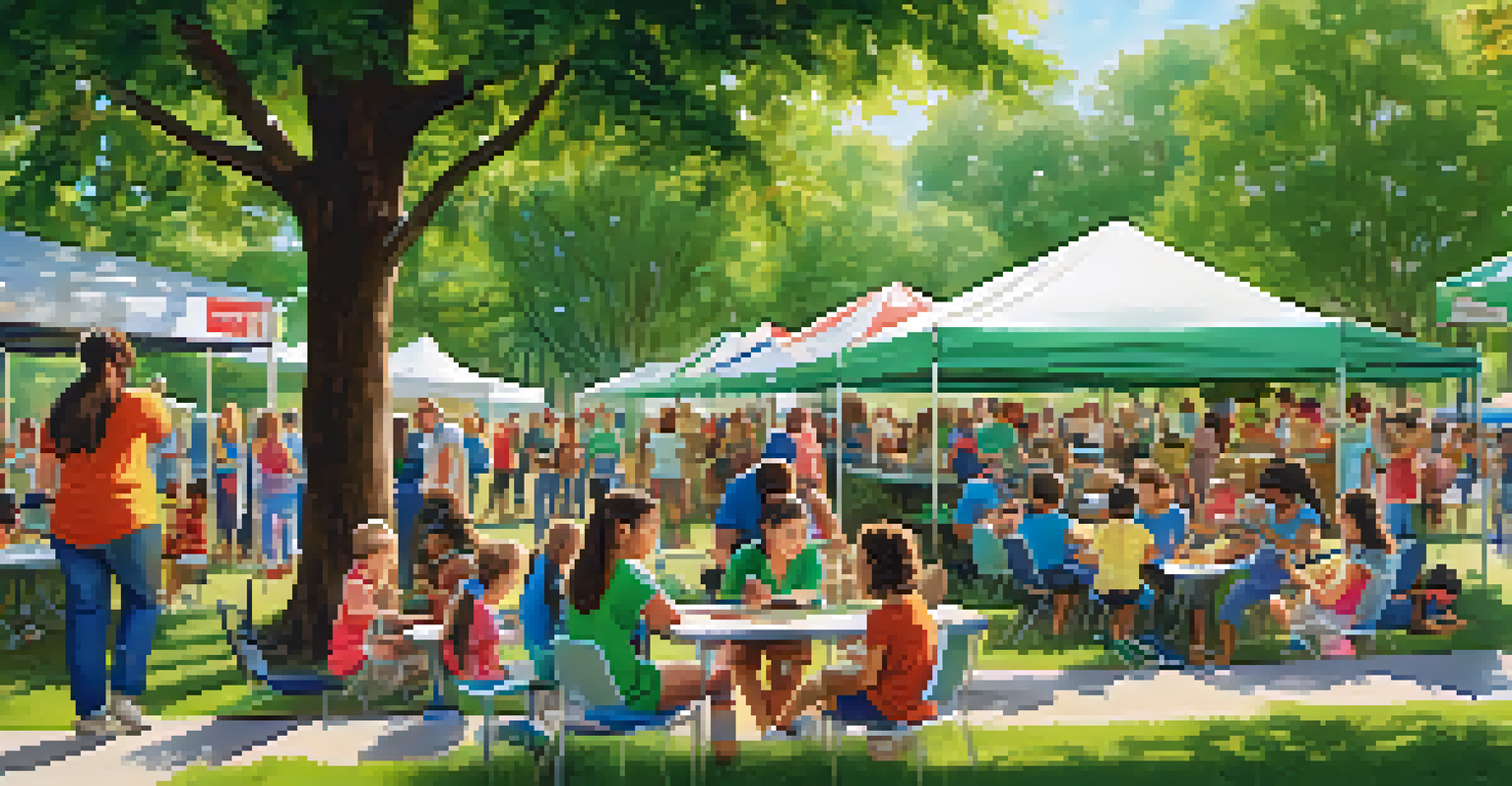 A community event showcasing educational resources, with families and educators interacting, children engaged in activities, and booths set up in a park.