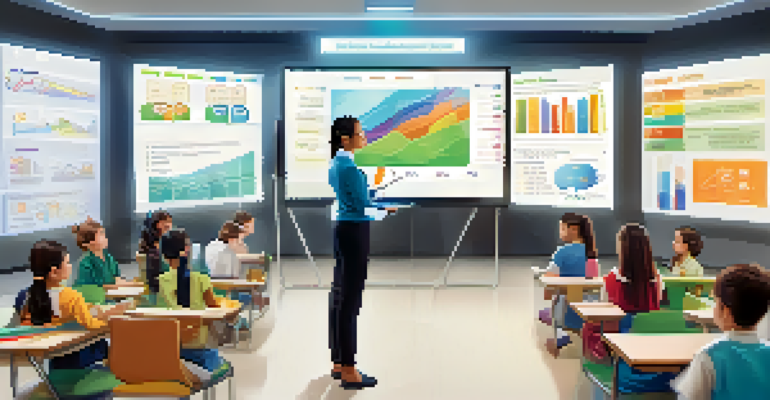 A teacher using a digital dashboard with learning analytics, while students participate in group activities in the background.