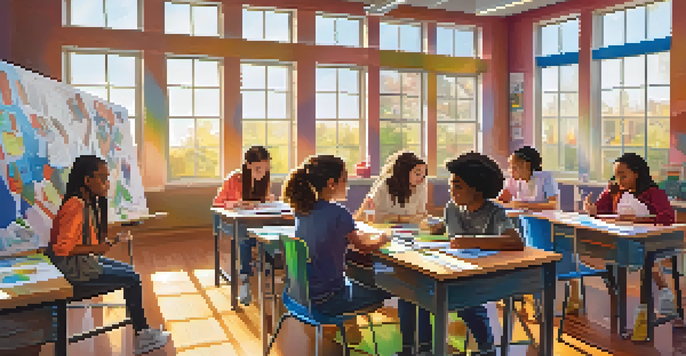 A diverse group of students working together on a project in a brightly lit classroom filled with colorful supplies and posters.