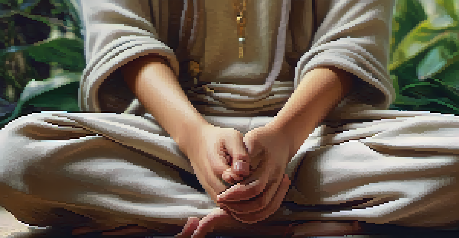A close-up of a student's hands resting on their knees during meditation, with a blurred peaceful background.