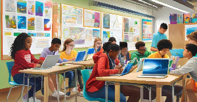 A group of students from different backgrounds working together on a science project in a vibrant classroom filled with educational materials and technology.