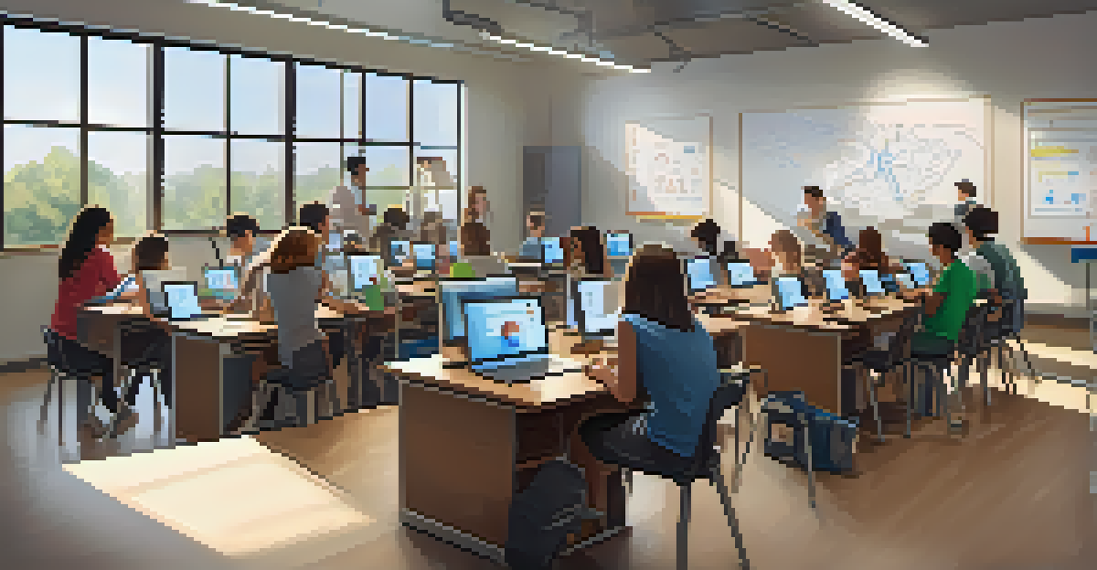 Students in a tech-savvy classroom collaborating on a project using laptops and tablets, with a bright and modern atmosphere.