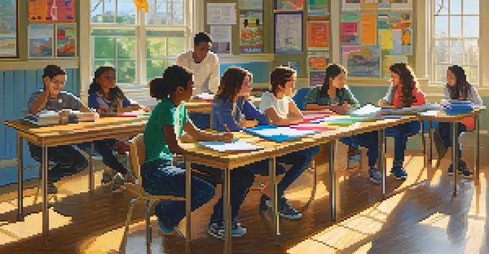 A diverse group of students collaborating on a project in a bright, colorful classroom filled with educational materials.