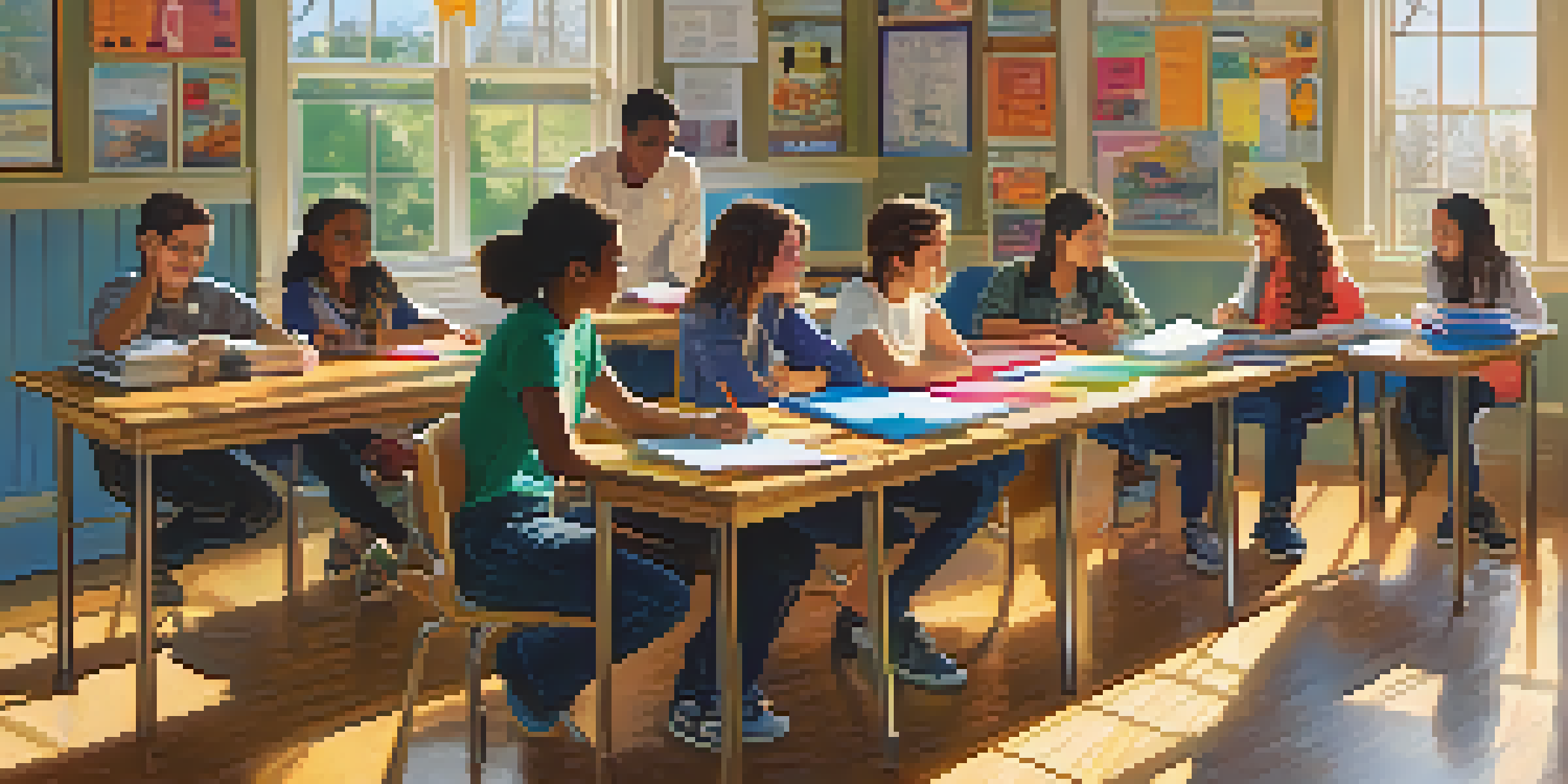 A diverse group of students collaborating on a project in a bright, colorful classroom filled with educational materials.