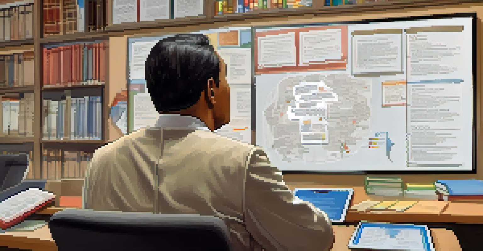Close-up of a local leader analyzing data on a tablet surrounded by educational materials and a whiteboard filled with notes.