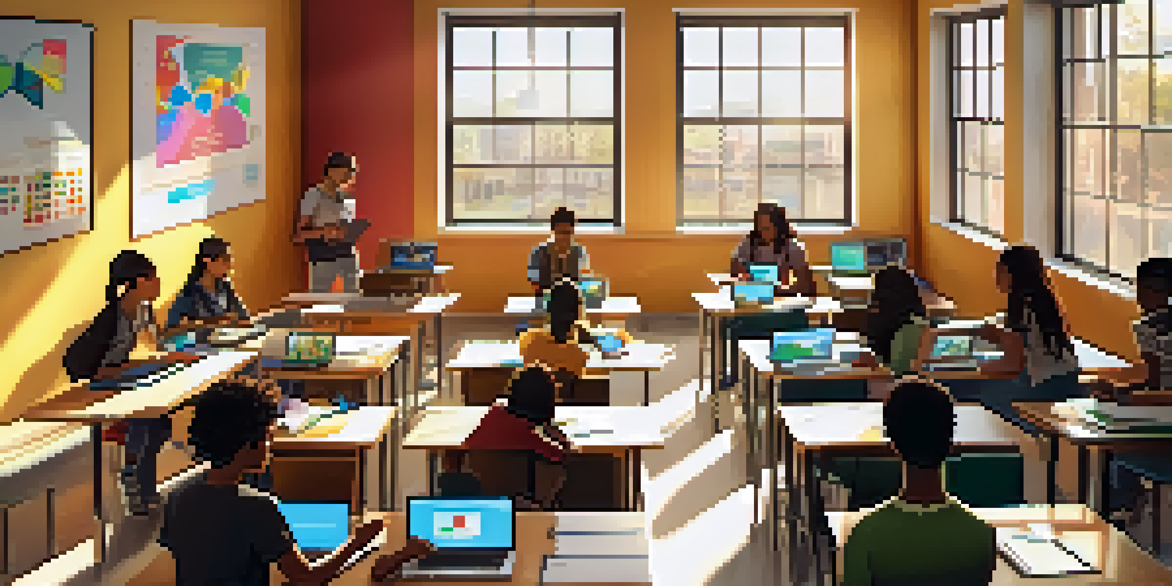 A diverse group of students working together in a modern classroom, using laptops and tablets, with sunlight streaming in through large windows.