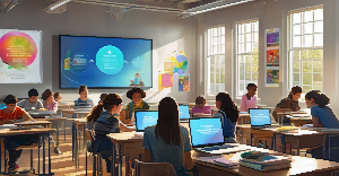 A digital classroom scene with diverse students focused on laptops, colorful motivational posters, and natural light.