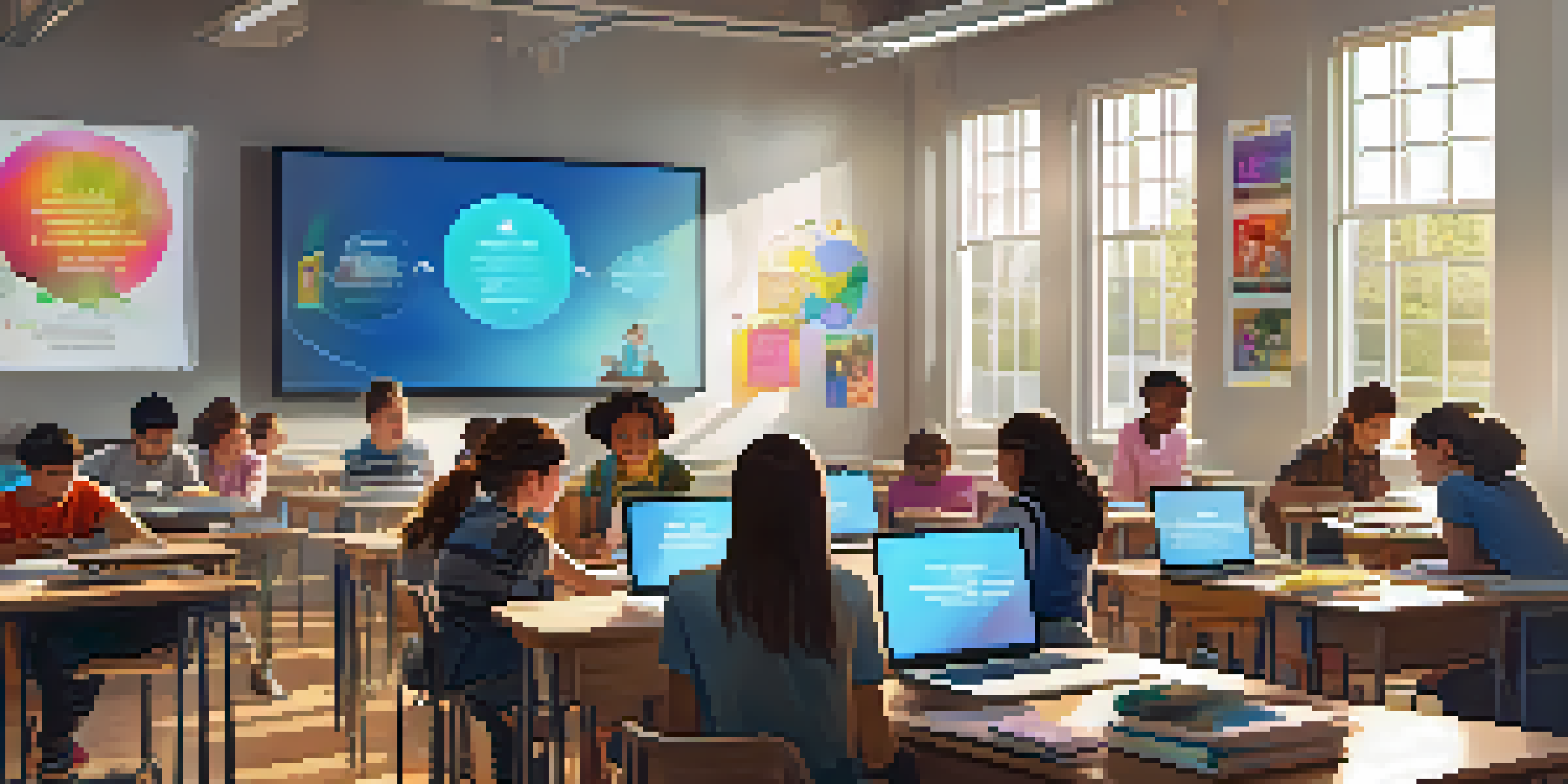A digital classroom scene with diverse students focused on laptops, colorful motivational posters, and natural light.