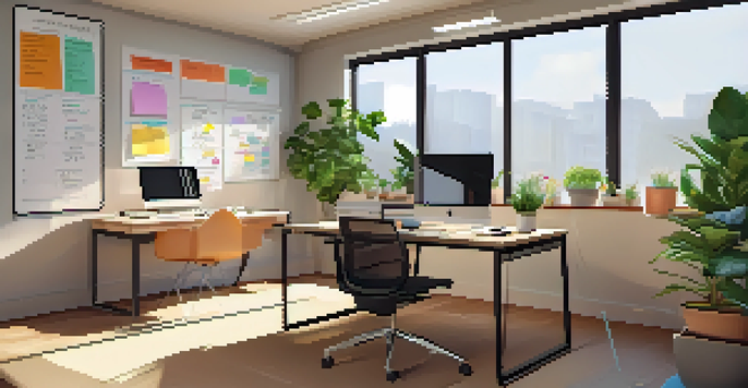 A bright office with a desk, laptop, notepad, and coffee, featuring a wall full of sticky notes on professional development.