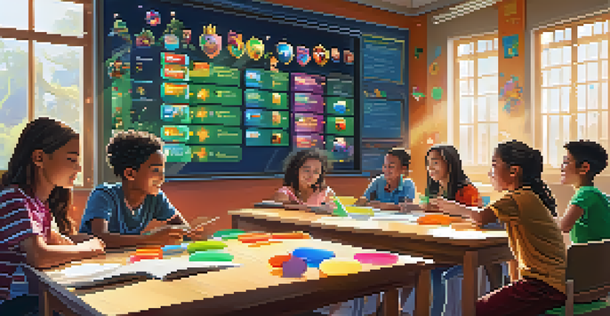 A lively classroom where students are engaged in a gamified learning experience, with a digital leaderboard and colorful game elements, illuminated by sunlight.