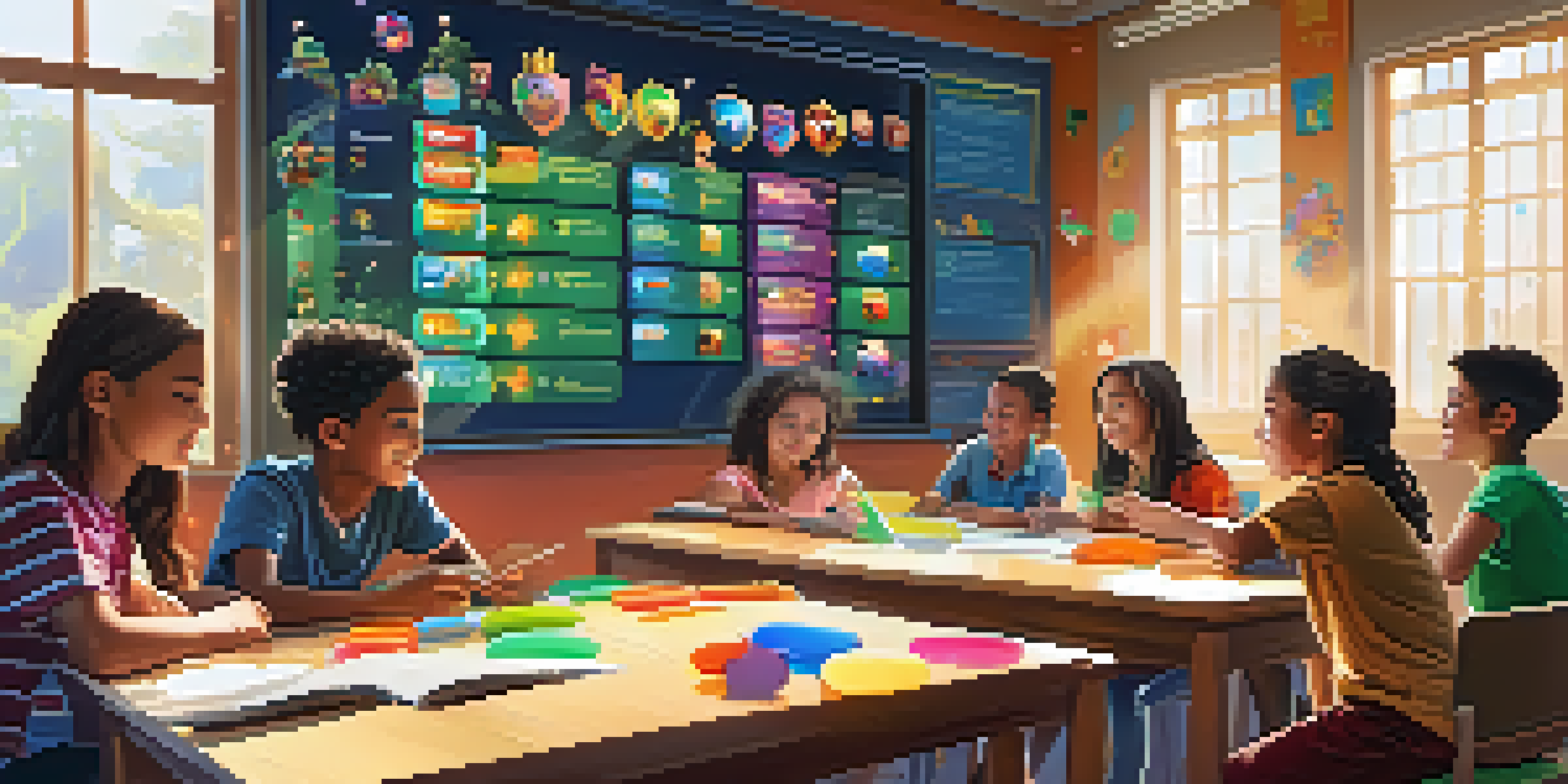 A lively classroom where students are engaged in a gamified learning experience, with a digital leaderboard and colorful game elements, illuminated by sunlight.