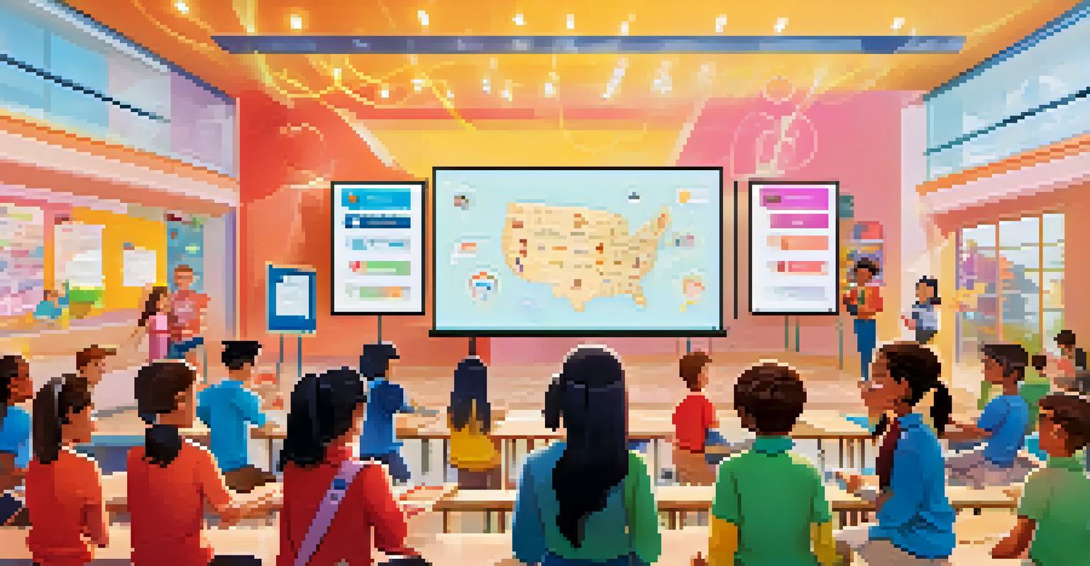 A digital recognition system in a modern classroom, showing students receiving badges and achievements on screen.