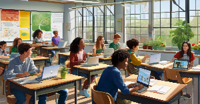 A modern classroom with students using laptops and engaging in discussions, with a teacher on a smartboard.