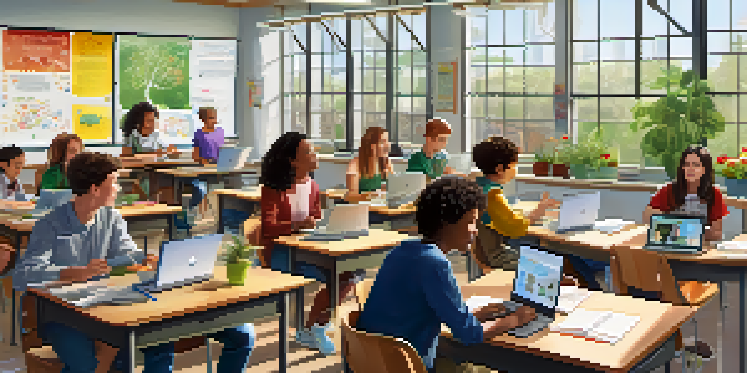 A modern classroom with students using laptops and engaging in discussions, with a teacher on a smartboard.