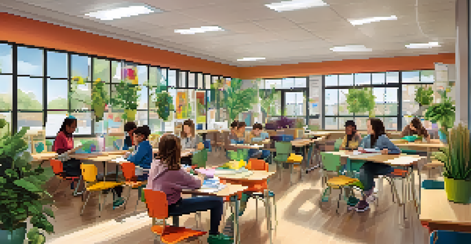 A lively classroom with natural light, flexible seating, and art stations where students are collaborating and engaging creatively.
