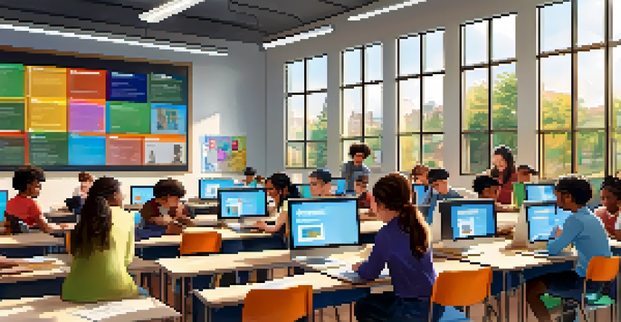 A diverse group of students in a bright classroom, collaborating with laptops and tablets, surrounded by educational materials.