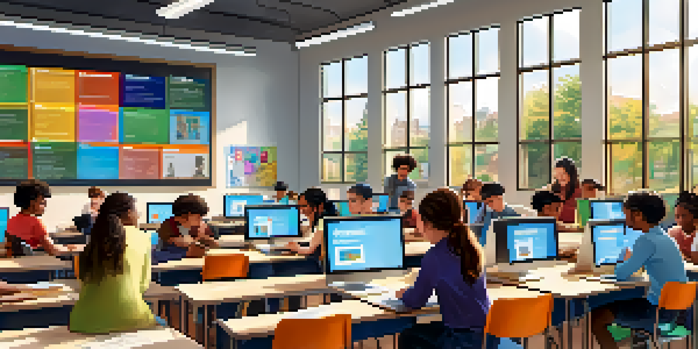 A diverse group of students in a bright classroom, collaborating with laptops and tablets, surrounded by educational materials.