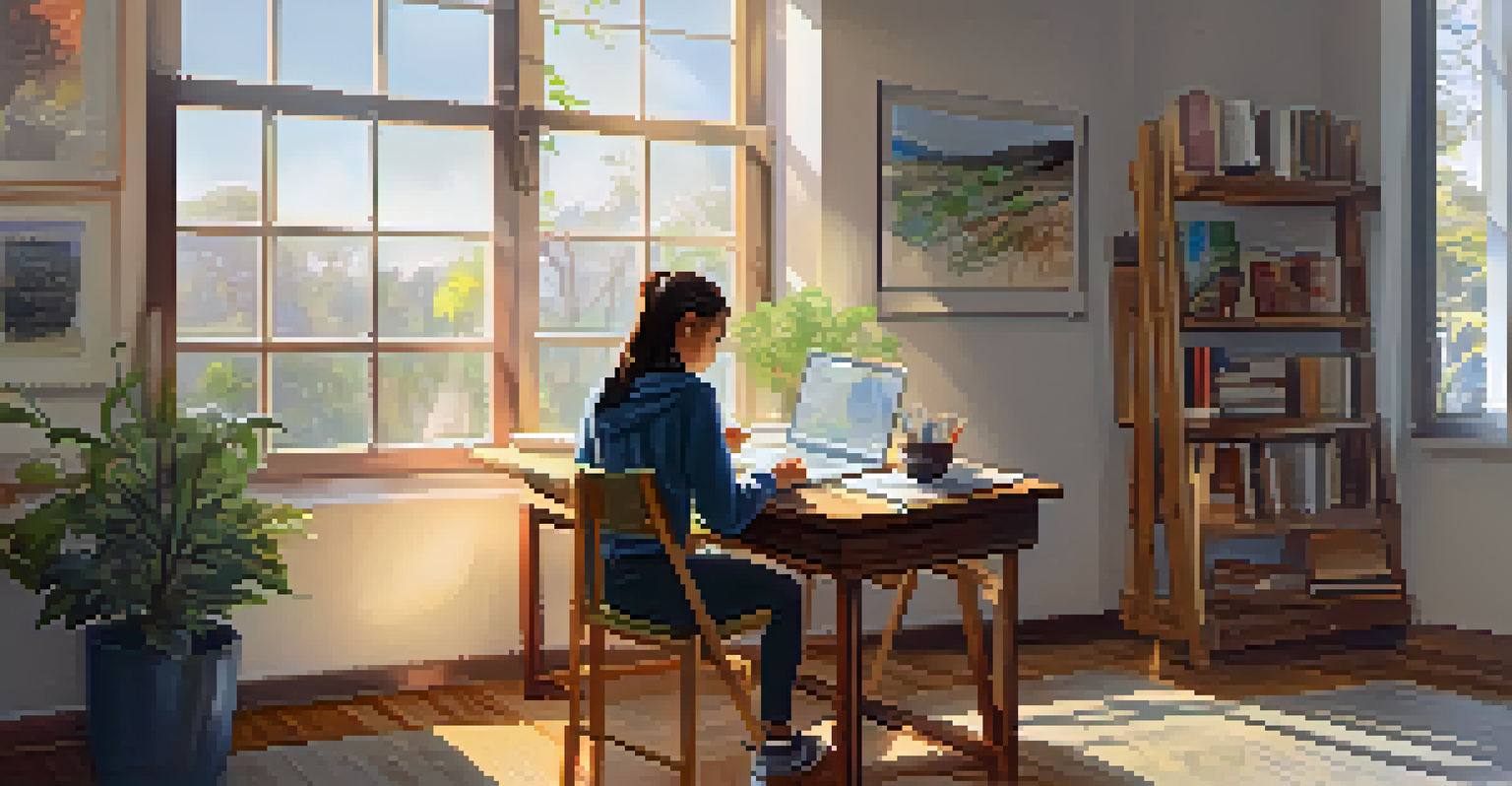 A person reflecting and writing in a notebook, with a laptop showing their online portfolio, in a sunlit room.