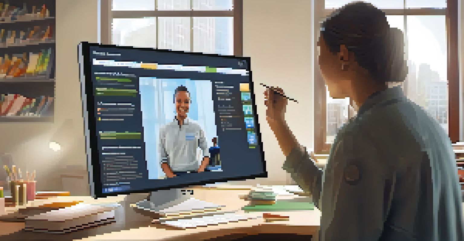 An instructor smiling and giving feedback on a digital screen in a bright room filled with educational materials.