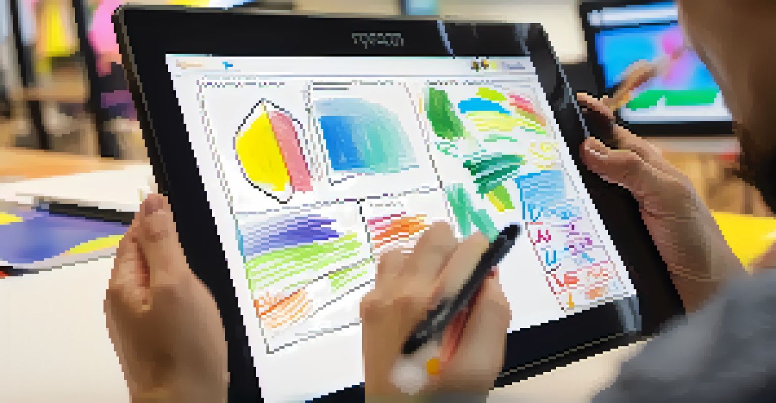 A close-up of a hand using a digital tablet on a virtual whiteboard filled with colorful notes and drawings in a bright learning environment.
