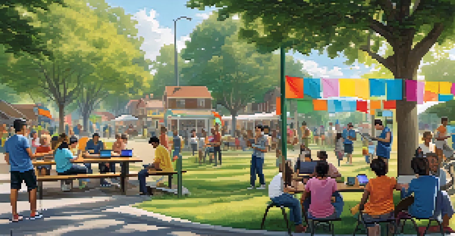 Neighbors collaborating to set up a free Wi-Fi hotspot in a park, promoting digital access with colorful banners in a community atmosphere.