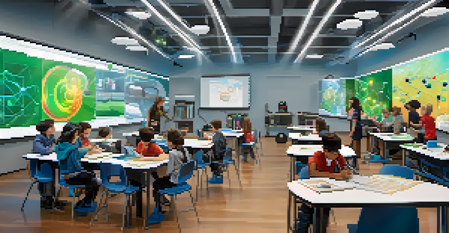 A futuristic classroom where students use AR glasses to explore virtual science experiments with holographic projections.