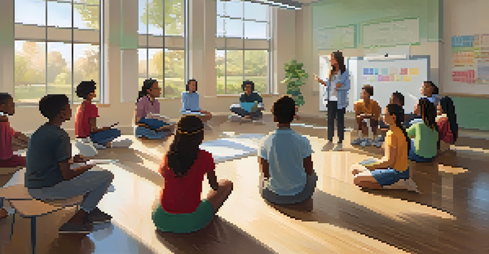 A peaceful classroom with students sitting in a circle discussing their feelings, led by a supportive teacher, with positive affirmations on the whiteboard.