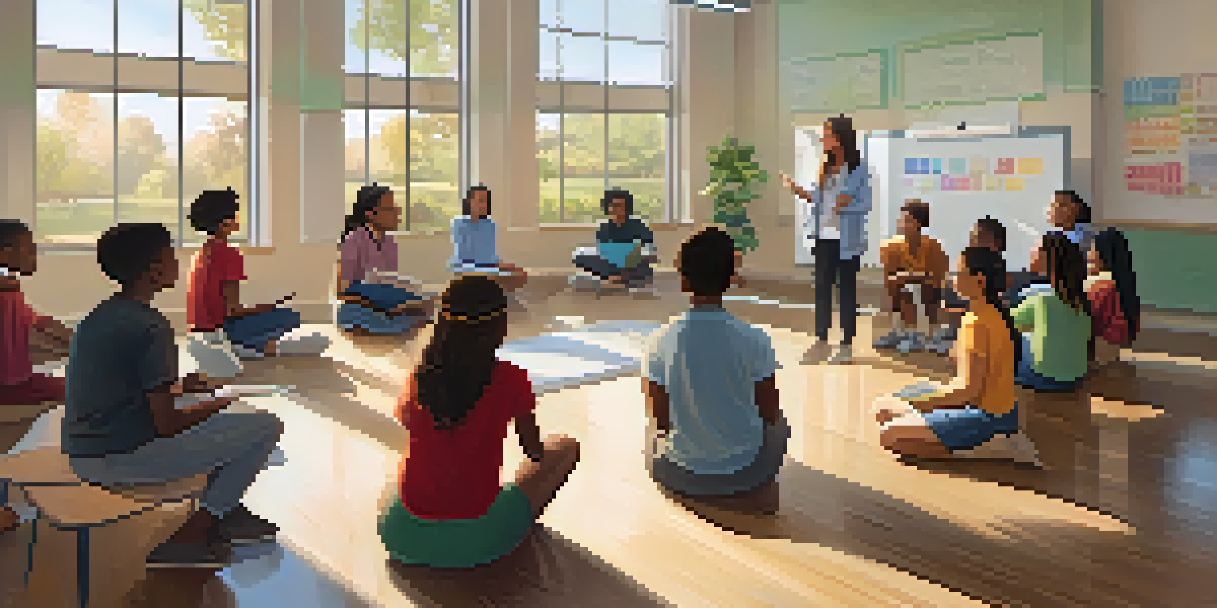 A peaceful classroom with students sitting in a circle discussing their feelings, led by a supportive teacher, with positive affirmations on the whiteboard.