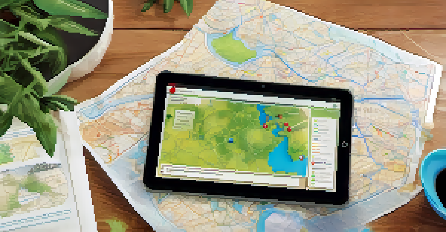 A close-up of a digital tablet showing an interactive map of global environmental issues, set in a cozy study with books and a plant in the background.