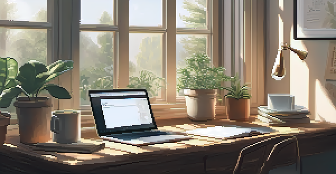 A cozy workspace with a wooden desk, laptop, notepad, and coffee, bathed in natural light from a window.