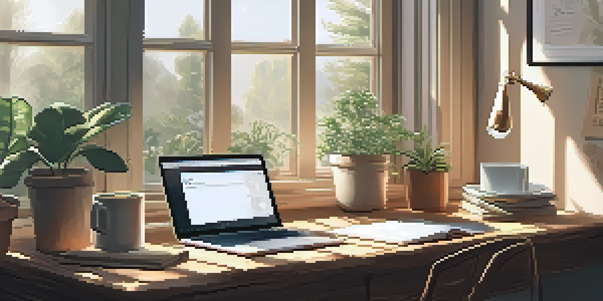 A cozy workspace with a wooden desk, laptop, notepad, and coffee, bathed in natural light from a window.
