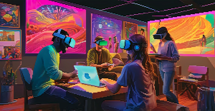 A diverse group of storytellers working in different mediums, including film, writing, and art, set against a colorful background of multimedia elements.