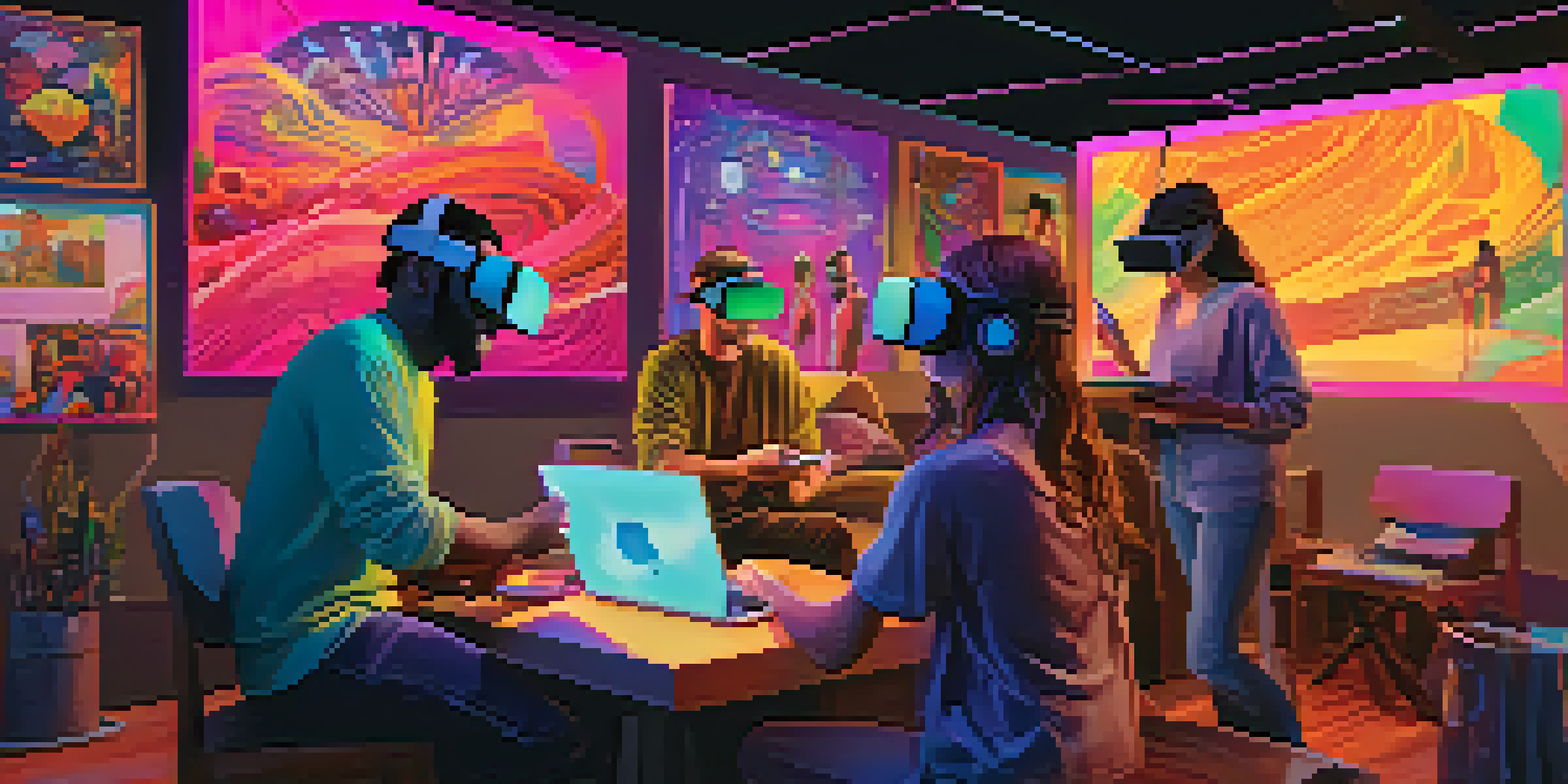 A diverse group of storytellers working in different mediums, including film, writing, and art, set against a colorful background of multimedia elements.