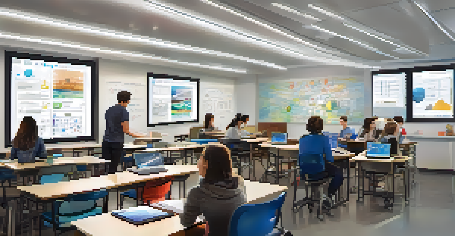 Students in a modern classroom using technology to collaborate on an interdisciplinary project, with laptops and digital displays.