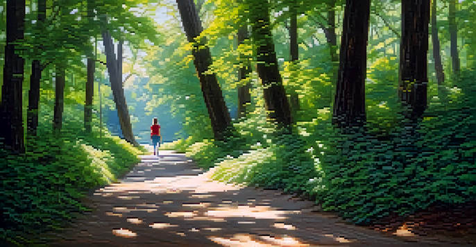 A person practicing mindful walking on a quiet forest path, surrounded by green trees and soft sunlight.