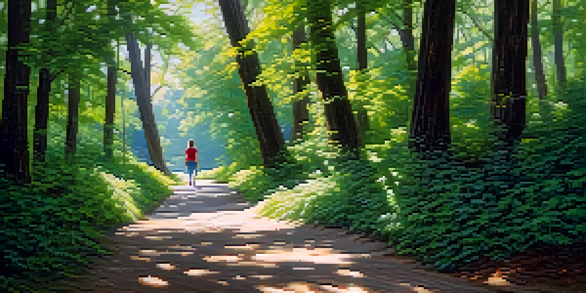 A person practicing mindful walking on a quiet forest path, surrounded by green trees and soft sunlight.
