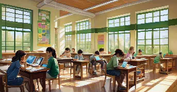 A classroom filled with students using tablets and smartphones, with sunlight streaming through windows and a teacher guiding them.