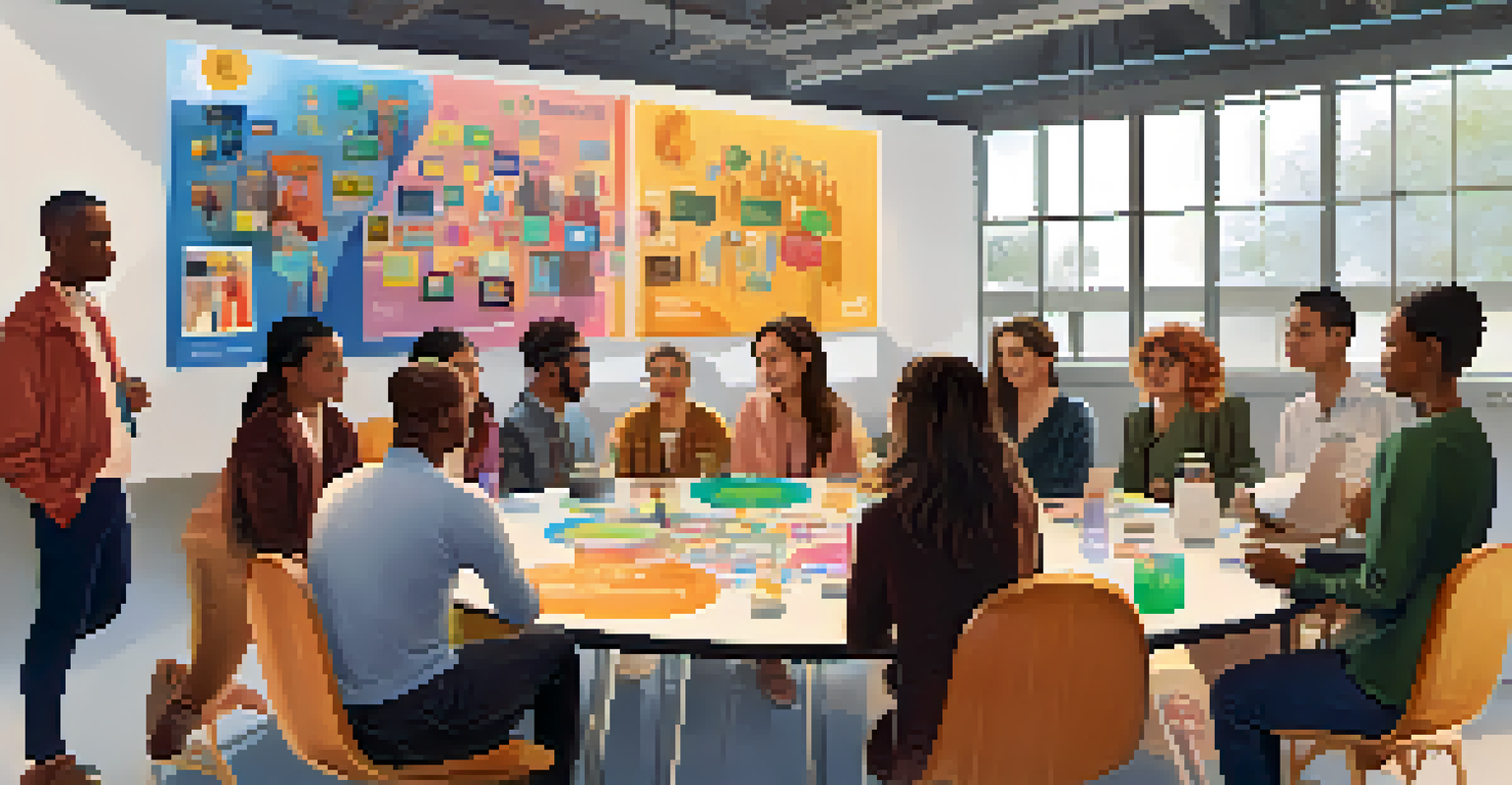 A community event where parents and educators are discussing ethical AI use in education around a round table, with promotional posters in the background.