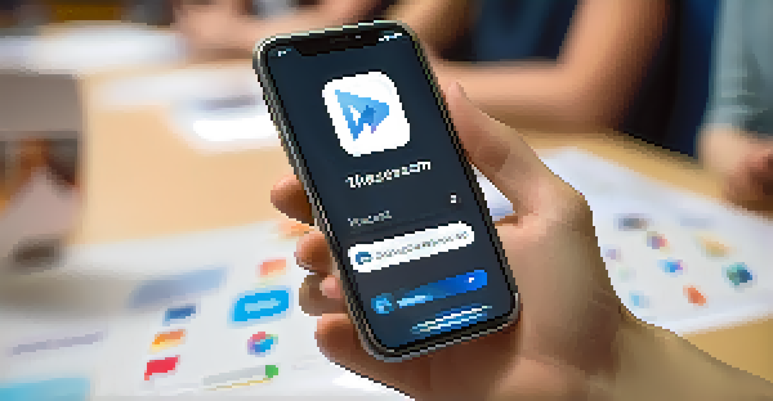 A close-up of a smartphone displaying feedback comments on a social media app, set in a classroom background.