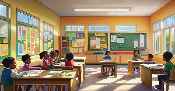 A classroom with diverse children engaged in learning, a teacher interacting with them, and sunlight coming through the windows.