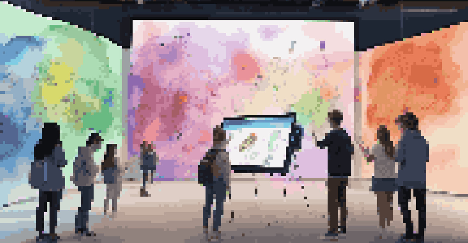 Students interacting with a digital art installation, using tablets and coding tools to create visual art on a large screen.