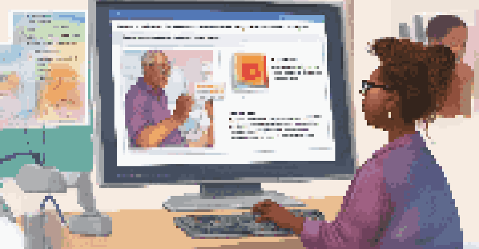 A close-up of an instructor helping an adult learner in a digital literacy workshop, with educational posters in the background.