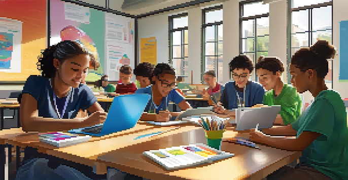 A lively classroom with diverse students using tablets and laptops, collaborating on projects in a bright and colorful setting.